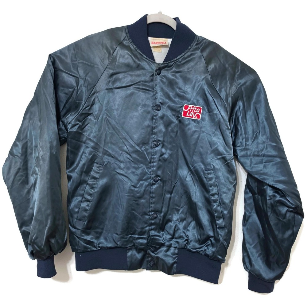 Vintage Hartwell Frito Lay Jacket Mens Medium Blue Snap Satin Bomber USA